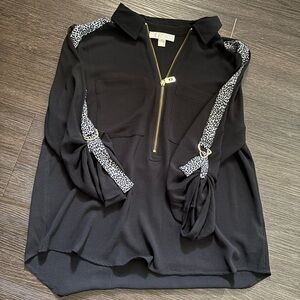 Michael Kors Black Top W/ animal print accent vneck, chest pockets, gold zip szL